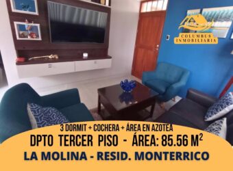 La Molina RESIDENCIAL MONTERRICO – Departamento de 3dorm + Cochera + Área en Azotea (3er.Piso – Condominio)