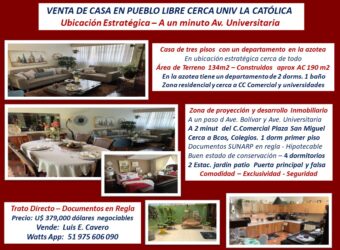 CASA EN PUEBLO LIBRE 3 PISOS CON DEPA